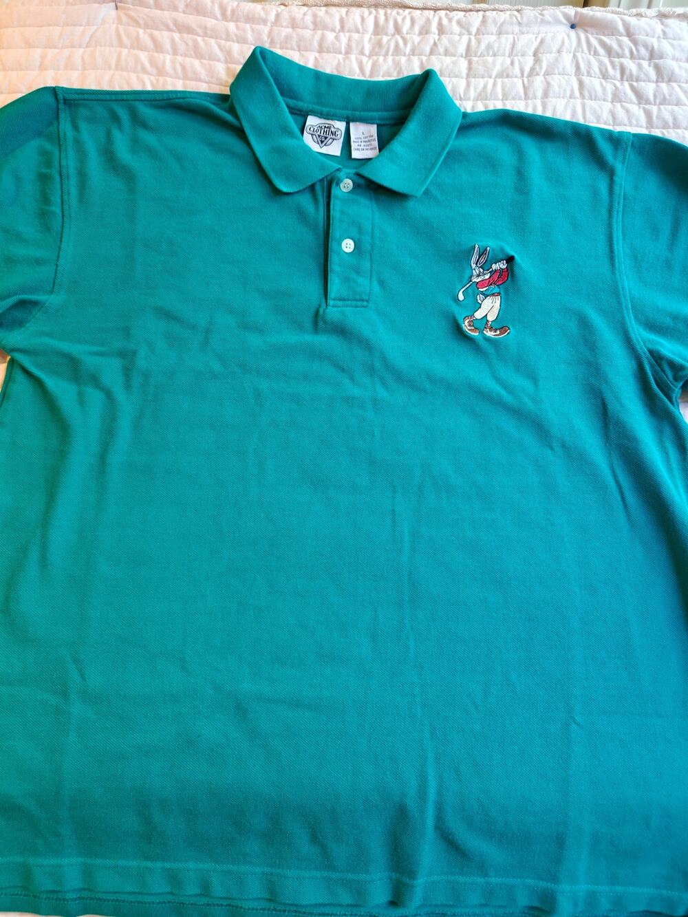 Vintage 90s Acme Clothing Bugs Bunny Golf Polo Shirt Large Teal Green Cotton